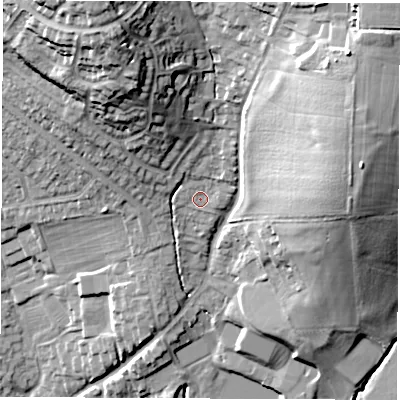 Shaded relief map of the ground around DE214QQ, computed from Environment Agency LiDAR. The ground here sits at about 67 m above sea level and falls 34 m across the surrounding 800 m. Surface water reaching this point runs off ground lying to the north-north-west, 21.3 m higher.