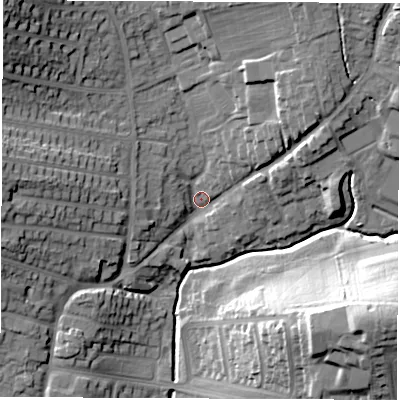 Shaded relief map of the ground around DE214QU, computed from Environment Agency LiDAR. The ground here sits at about 55 m above sea level and falls 29 m across the surrounding 800 m. Surface water reaching this point runs off ground lying to the north-west, 21.0 m higher.