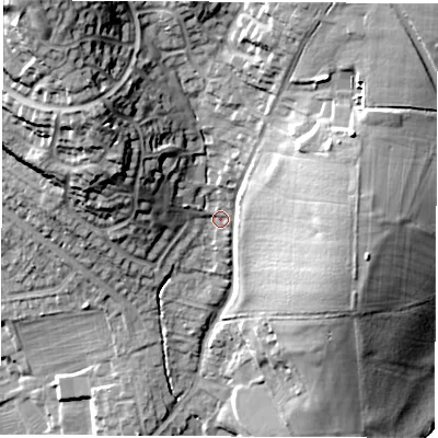 Shaded relief map of the ground around DE214QY, computed from Environment Agency LiDAR. The ground here sits at about 70 m above sea level and falls 35 m across the surrounding 800 m. Surface water reaching this point runs off ground lying to the north-west, 23.5 m higher.