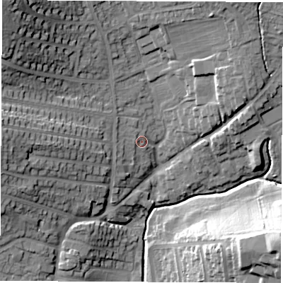 Shaded relief map of the ground around DE214RL, computed from Environment Agency LiDAR. The ground here sits at about 57 m above sea level and falls 29 m across the surrounding 800 m. Surface water reaching this point runs off ground lying to the west, 13.4 m higher.
