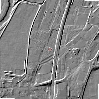 Shaded relief map of the ground around DE214RT, computed from Environment Agency LiDAR. The ground here sits at about 48 m above sea level and falls 9 m across the surrounding 800 m. Surface water reaching this point runs off ground lying to the south, 7.4 m higher.