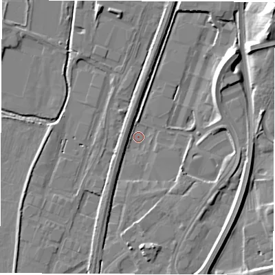 Shaded relief map of the ground around DE214ST, computed from Environment Agency LiDAR. The ground here sits at about 47 m above sea level and falls 20 m across the surrounding 800 m. Surface water reaching this point runs off ground lying to the north-east, 18.6 m higher.
