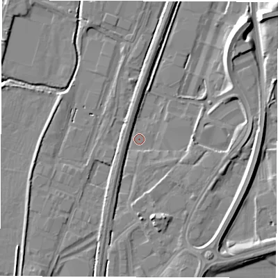 Shaded relief map of the ground around DE214SU, computed from Environment Agency LiDAR. The ground here sits at about 48 m above sea level and falls 15 m across the surrounding 800 m. Surface water reaching this point runs off ground lying to the east, 5.5 m higher.