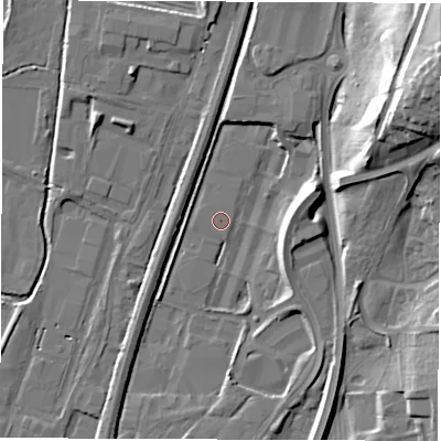 Shaded relief map of the ground around DE214SY, computed from Environment Agency LiDAR. The ground here sits at about 48 m above sea level and falls 29 m across the surrounding 800 m. Surface water reaching this point runs off ground lying to the east, 8.2 m higher.