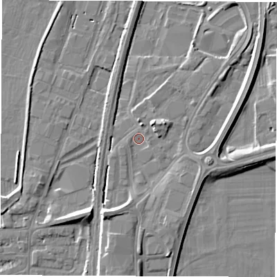 Shaded relief map of the ground around DE214SZ, computed from Environment Agency LiDAR. The ground here sits at about 48 m above sea level and falls 7 m across the surrounding 800 m. Surface water reaching this point runs off ground lying to the north-east, 1.1 m higher.