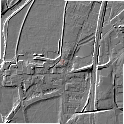 Shaded relief map of the ground around DE214TQ, computed from Environment Agency LiDAR. The ground here sits at about 49 m above sea level and falls 9 m across the surrounding 800 m. Surface water reaching this point runs off ground lying to the north-north-west, 1.3 m higher.