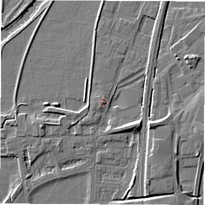 Shaded relief map of the ground around DE214TR, computed from Environment Agency LiDAR. The ground here sits at about 49 m above sea level and falls 9 m across the surrounding 800 m. Surface water reaching this point runs off ground lying to the east-south-east, 7.4 m higher.