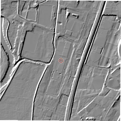 Shaded relief map of the ground around DE214TS, computed from Environment Agency LiDAR. The ground here sits at about 48 m above sea level and falls 9 m across the surrounding 800 m. The ground contributing surface water to this point lies to the east.