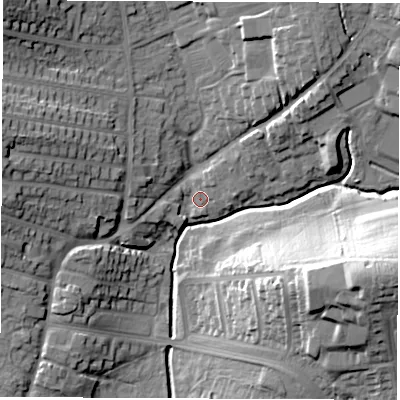 Shaded relief map of the ground around DE214UP, computed from Environment Agency LiDAR. The ground here sits at about 54 m above sea level and falls 30 m across the surrounding 800 m. Surface water reaching this point runs off ground lying to the north-west, 18.4 m higher.