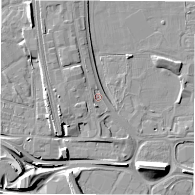 Shaded relief map of the ground around DE214XA, computed from Environment Agency LiDAR. The ground here sits at about 47 m above sea level and falls 14 m across the surrounding 800 m. Surface water reaching this point runs off ground lying to the south-south-west, 2.4 m higher.