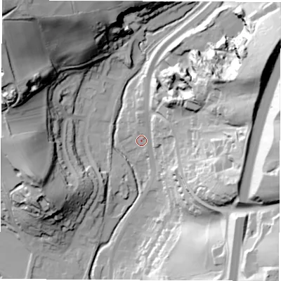 Shaded relief map of the ground around DE215AA, computed from Environment Agency LiDAR. The ground here sits at about 57 m above sea level and falls 66 m across the surrounding 800 m. Surface water reaching this point runs off ground lying to the east-north-east, 51.6 m higher.