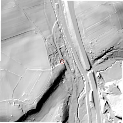 Shaded relief map of the ground around DE215BB, computed from Environment Agency LiDAR. The ground here sits at about 67 m above sea level and falls 58 m across the surrounding 800 m. Surface water reaching this point runs off ground lying to the south-west, 36.6 m higher.