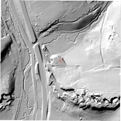 Shaded relief map of the ground around DE215BD, computed from Environment Agency LiDAR. The ground here sits at about 78 m above sea level and falls 74 m across the surrounding 800 m. Surface water reaching this point runs off ground lying to the south-south-east, 7.6 m higher.
