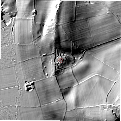 Shaded relief map of the ground around DE215BE, computed from Environment Agency LiDAR. The ground here sits at about 114 m above sea level and falls 67 m across the surrounding 800 m. Surface water reaching this point runs off ground lying to the south-west, 21.6 m higher.