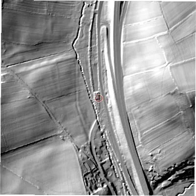 Shaded relief map of the ground around DE215BG, computed from Environment Agency LiDAR. The ground here sits at about 63 m above sea level and falls 48 m across the surrounding 800 m. Surface water reaching this point runs off ground lying to the south-west, 34.8 m higher.