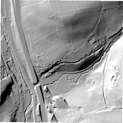 Shaded relief map of the ground around DE215BH, computed from Environment Agency LiDAR. The ground here sits at about 77 m above sea level and falls 60 m across the surrounding 800 m. Surface water reaching this point runs off ground lying to the north-north-east, 14.8 m higher.