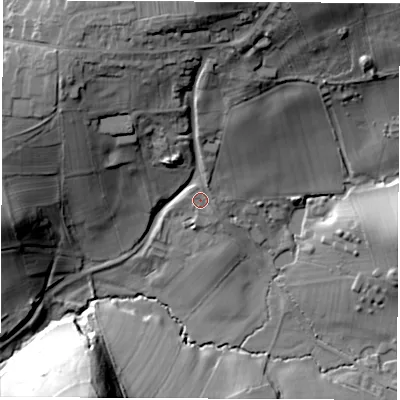 Shaded relief map of the ground around DE215BL, computed from Environment Agency LiDAR. The ground here sits at about 78 m above sea level and falls 44 m across the surrounding 800 m. Surface water reaching this point runs off ground lying to the north-north-east, 1.4 m higher.