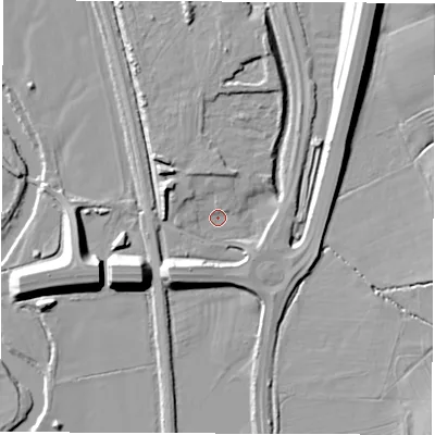 Shaded relief map of the ground around DE215DA, computed from Environment Agency LiDAR. The ground here sits at about 51 m above sea level and falls 18 m across the surrounding 800 m. Surface water reaching this point runs off ground lying to the south-west, 8.5 m higher.