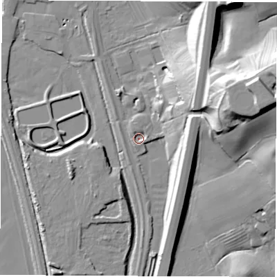Shaded relief map of the ground around DE215DB, computed from Environment Agency LiDAR. The ground here sits at about 51 m above sea level and falls 47 m across the surrounding 800 m. Surface water reaching this point runs off ground lying to the north, 2.7 m higher.