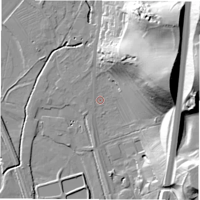 Shaded relief map of the ground around DE215DD, computed from Environment Agency LiDAR. The ground here sits at about 52 m above sea level and falls 64 m across the surrounding 800 m. Surface water reaching this point runs off ground lying to the east-north-east, 52.5 m higher.