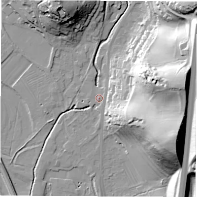 Shaded relief map of the ground around DE215DF, computed from Environment Agency LiDAR. The ground here sits at about 54 m above sea level and falls 55 m across the surrounding 800 m. Surface water reaching this point runs off ground lying to the north-east, 1.6 m higher.