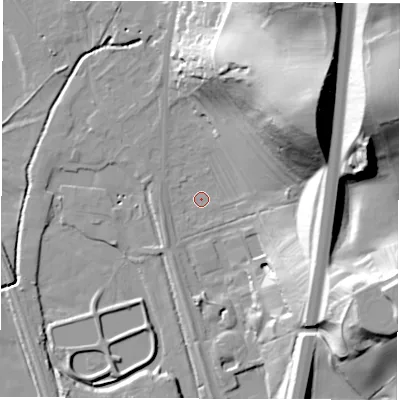 Shaded relief map of the ground around DE215DG, computed from Environment Agency LiDAR. The ground here sits at about 52 m above sea level and falls 61 m across the surrounding 800 m. Surface water reaching this point runs off ground lying to the north-east, 52.5 m higher.