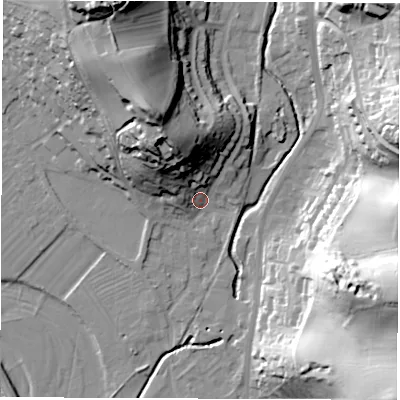 Shaded relief map of the ground around DE215DH, computed from Environment Agency LiDAR. The ground here sits at about 55 m above sea level and falls 54 m across the surrounding 800 m. Surface water reaching this point runs off ground lying to the north-north-west, 29.3 m higher.