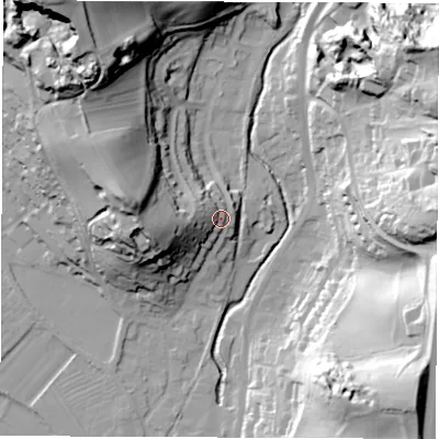Shaded relief map of the ground around DE215DJ, computed from Environment Agency LiDAR. The ground here sits at about 62 m above sea level and falls 54 m across the surrounding 800 m. Surface water reaching this point runs off ground lying to the west, 9.8 m higher.