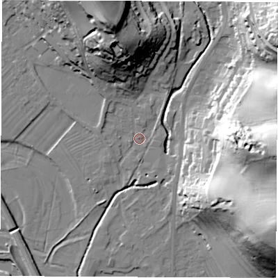 Shaded relief map of the ground around DE215DN, computed from Environment Agency LiDAR. The ground here sits at about 53 m above sea level and falls 55 m across the surrounding 800 m. Surface water reaching this point runs off ground lying to the north-north-west, 29.5 m higher.