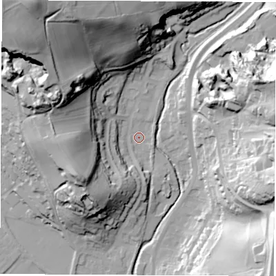 Shaded relief map of the ground around DE215DP, computed from Environment Agency LiDAR. The ground here sits at about 55 m above sea level and falls 64 m across the surrounding 800 m. Surface water reaching this point runs off ground lying to the south, 6.3 m higher.