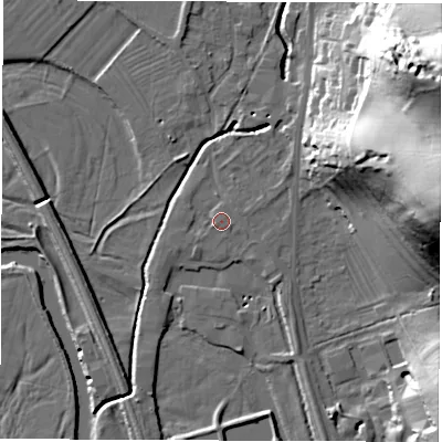 Shaded relief map of the ground around DE215DR, computed from Environment Agency LiDAR. The ground here sits at about 53 m above sea level and falls 51 m across the surrounding 800 m. Surface water reaching this point runs off ground lying to the north, 1.5 m higher.