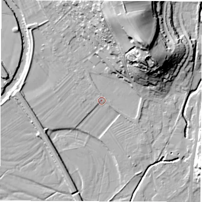 Shaded relief map of the ground around DE215DS, computed from Environment Agency LiDAR. The ground here sits at about 52 m above sea level and falls 39 m across the surrounding 800 m. Surface water reaching this point runs off ground lying to the north-east, 0.7 m higher.