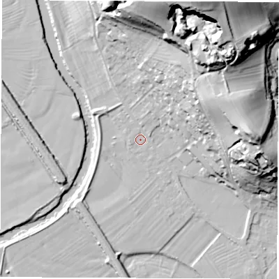 Shaded relief map of the ground around DE215DT, computed from Environment Agency LiDAR. The ground here sits at about 53 m above sea level and falls 56 m across the surrounding 800 m. Surface water reaching this point runs off ground lying to the north-east, 40.5 m higher.