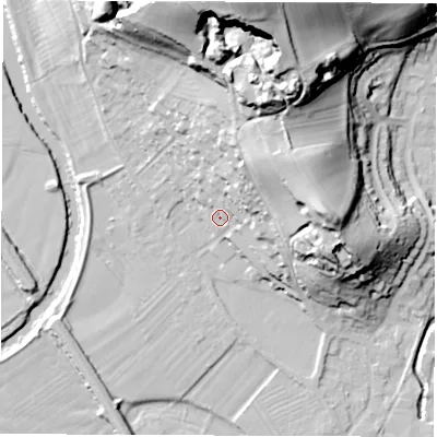 Shaded relief map of the ground around DE215DY, computed from Environment Agency LiDAR. The ground here sits at about 56 m above sea level and falls 57 m across the surrounding 800 m. Surface water reaching this point runs off ground lying to the north-east, 29.4 m higher.