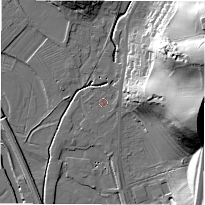 Shaded relief map of the ground around DE215ED, computed from Environment Agency LiDAR. The ground here sits at about 52 m above sea level and falls 55 m across the surrounding 800 m. Surface water reaching this point runs off ground lying to the north-east, 2.6 m higher.