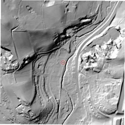 Shaded relief map of the ground around DE215EF, computed from Environment Agency LiDAR. The ground here sits at about 55 m above sea level and falls 66 m across the surrounding 800 m. Surface water reaching this point runs off ground lying to the north-west, 62.0 m higher.
