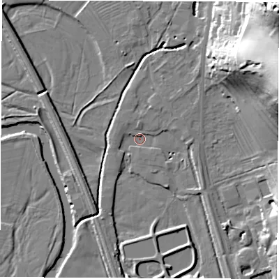 Shaded relief map of the ground around DE215EG, computed from Environment Agency LiDAR. The ground here sits at about 50 m above sea level and falls 45 m across the surrounding 800 m. Surface water reaching this point runs off ground lying to the east, 4.4 m higher.
