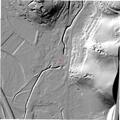 Shaded relief map of the ground around DE215EJ, computed from Environment Agency LiDAR. The ground here sits at about 53 m above sea level and falls 55 m across the surrounding 800 m. Surface water reaching this point runs off ground lying to the east, 3.1 m higher.