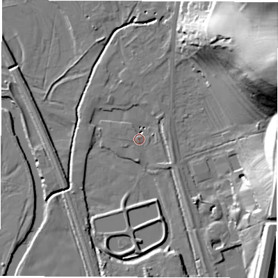 Shaded relief map of the ground around DE215EL, computed from Environment Agency LiDAR. The ground here sits at about 51 m above sea level and falls 55 m across the surrounding 800 m. Surface water reaching this point runs off ground lying to the south, 8.1 m higher.