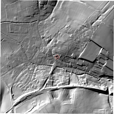 Shaded relief map of the ground around DE215LD, computed from Environment Agency LiDAR. The ground here sits at about 61 m above sea level and falls 42 m across the surrounding 800 m. Surface water reaching this point runs off ground lying to the north-east, 8.6 m higher.