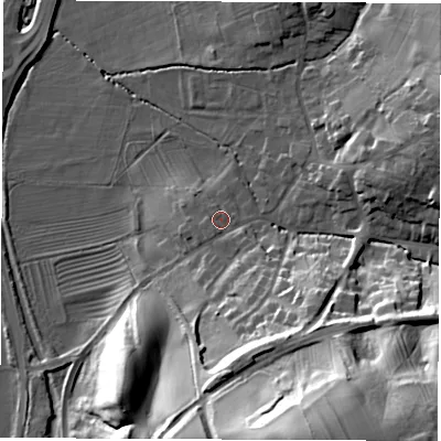 Shaded relief map of the ground around DE215LE, computed from Environment Agency LiDAR. The ground here sits at about 58 m above sea level and falls 48 m across the surrounding 800 m. Surface water reaching this point runs off ground lying to the south-west, 1.9 m higher.