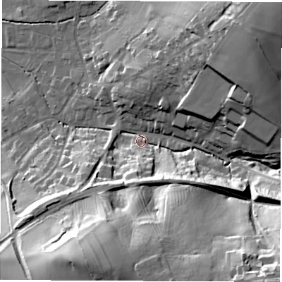Shaded relief map of the ground around DE215LF, computed from Environment Agency LiDAR. The ground here sits at about 60 m above sea level and falls 48 m across the surrounding 800 m. Surface water reaching this point runs off ground lying to the south-east, 44.5 m higher.