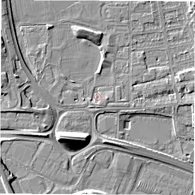 Shaded relief map of the ground around DE216AA, computed from Environment Agency LiDAR. The ground here sits at about 46 m above sea level and falls 11 m across the surrounding 800 m. Surface water reaching this point runs off ground lying to the east, 1.9 m higher.