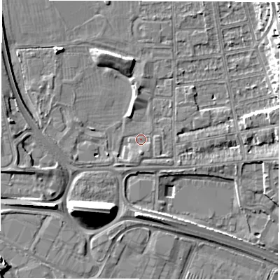 Shaded relief map of the ground around DE216AB, computed from Environment Agency LiDAR. The ground here sits at about 46 m above sea level and falls 11 m across the surrounding 800 m. Surface water reaching this point runs off ground lying to the south, 1.9 m higher.