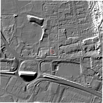 Shaded relief map of the ground around DE216AD, computed from Environment Agency LiDAR. The ground here sits at about 46 m above sea level and falls 17 m across the surrounding 800 m. Surface water reaching this point runs off ground lying to the south-south-east, 0.8 m higher.