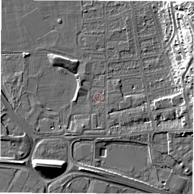 Shaded relief map of the ground around DE216AE, computed from Environment Agency LiDAR. The ground here sits at about 46 m above sea level and falls 21 m across the surrounding 800 m. Surface water reaching this point runs off ground lying to the east, 6.3 m higher.
