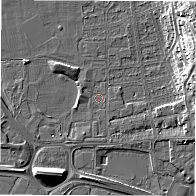 Shaded relief map of the ground around DE216AF, computed from Environment Agency LiDAR. The ground here sits at about 46 m above sea level and falls 22 m across the surrounding 800 m. Surface water reaching this point runs off ground lying to the north-east, 20.6 m higher.