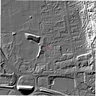 Shaded relief map of the ground around DE216AG, computed from Environment Agency LiDAR. The ground here sits at about 46 m above sea level and falls 22 m across the surrounding 800 m. Surface water reaching this point runs off ground lying to the north-east, 20.5 m higher.