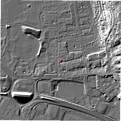 Shaded relief map of the ground around DE216AH, computed from Environment Agency LiDAR. The ground here sits at about 46 m above sea level and falls 23 m across the surrounding 800 m. Surface water reaching this point runs off ground lying to the east-south-east, 1.5 m higher.