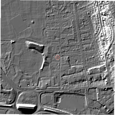 Shaded relief map of the ground around DE216AJ, computed from Environment Agency LiDAR. The ground here sits at about 46 m above sea level and falls 23 m across the surrounding 800 m. Surface water reaching this point runs off ground lying to the north-east, 21.1 m higher.